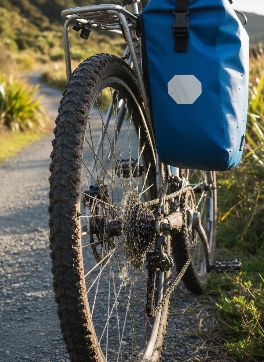 A close, detailed view of the rear wheel of a touring bicycle splattered with mud, the chain and cassette glistening with fresh lubricant, and a bright blue pannier clipped firmly to the rack. Behind it, out of focus, stretches a winding, sunlit gravel path lined with flax plants and low shrubs typical of New Zealand’s countryside. The soft, late-morning light creates gentle bokeh in the background while crisp detail highlights the textures of rubber, metal, and fabric. Photographic realism, shot from a low side angle with shallow depth of field, conveys resilience, motion, and the playful grit of long-distance cycling adventures.
