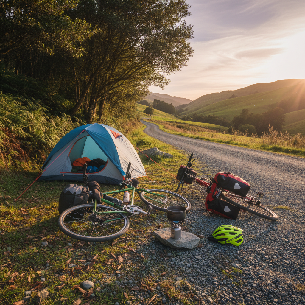 A compact, colorful campsite set up beside a narrow gravel road in rural New Zealand, with a small dome tent pitched near a cluster of ferns and two touring bicycles lying gently on their sides nearby, panniers partially unzipped. A lightweight cooking stove sits on a flat rock, heating a simple pot, with a bright cycling helmet resting beside it. Warm golden-hour sunlight filters through thin clouds, casting soft highlights on the tent fabric and metallic bike frames. The photographic scene is framed from a slightly elevated angle, with a sense of intimacy and playful improvisation, capturing the charm of spontaneous family overnights on a bike trip.