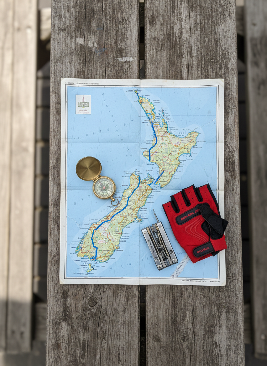 A detailed close-up of a paper road map of New Zealand spread across a rustic wooden picnic table, its creases and scuffed edges telling of miles already planned. A small compass, a bicycle multi-tool, and a bright red cycling glove rest casually on top, highlighting a route traced in blue marker along the coastline. Soft overcast daylight diffuses evenly across the scene from one side, creating gentle shadows within the map’s folds. The photographic image is shot from directly above with a clean, graphic composition, evoking playful planning, curiosity, and the excitement of a family bike adventure.